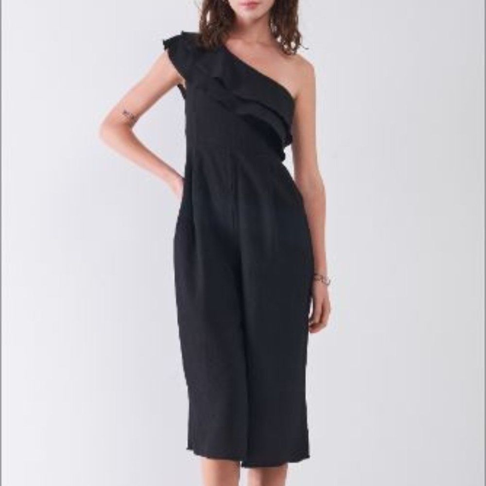#151 One Shoulder Ruffle Detail Wide Leg Midi Jumpsuit - Picture 1 of 4